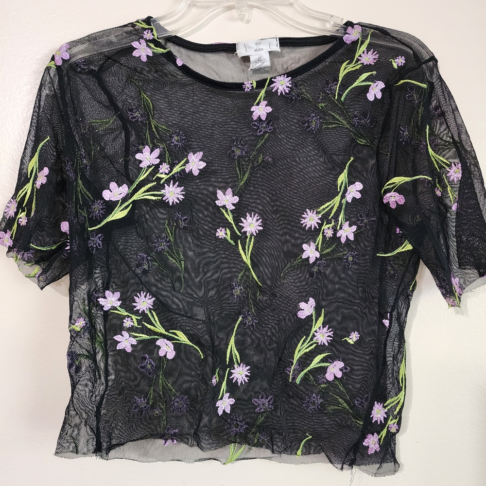 Floral Embroidered Sheer Black Top